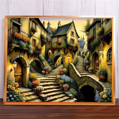 Straßengasse Malen Nach Zahlen Erwachsene,DIY Framed DIY Handgemalt Ölgemälde Leinwand Kits Mit Pinsels und Acrylfarbe Als Geschenke und Heimdekoration 40x50cm von ditlvy