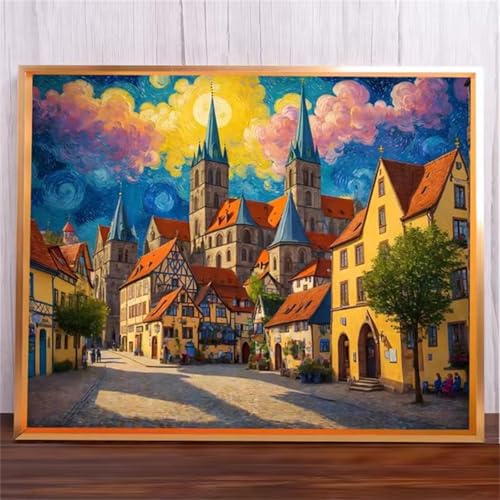 Straßenhäuser Malen Nach Zahlen Erwachsene,DIY Framed DIY Handgemalt Ölgemälde Leinwand Kits Mit Pinsels und Acrylfarbe Als Geschenke und Heimdekoration 55x70cm von ditlvy