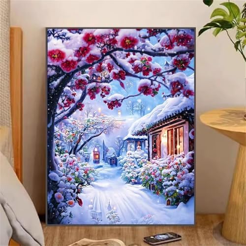 Verschneite Landschaft Malen Nach Zahlen Erwachsene,DIY Framed DIY Handgemalt Ölgemälde Leinwand Kits Mit Pinsels und Acrylfarbe Als Geschenke und Heimdekoration 55x70cm von ditlvy