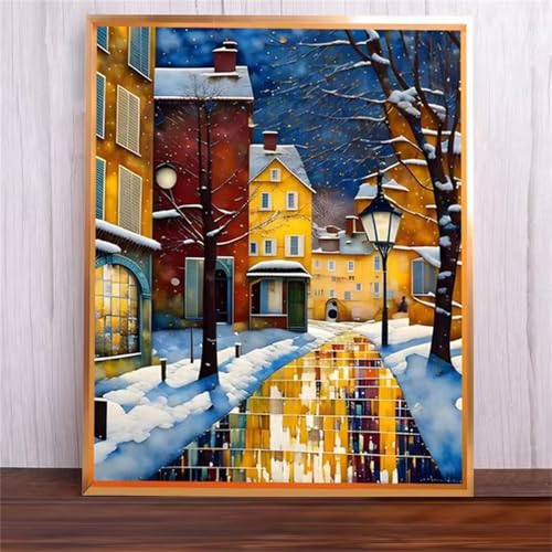 Verschneite Straße Malen Nach Zahlen Erwachsene,DIY Framed DIY Handgemalt Ölgemälde Leinwand Kits Mit Pinsels und Acrylfarbe Als Geschenke und Heimdekoration 50x65cm von ditlvy