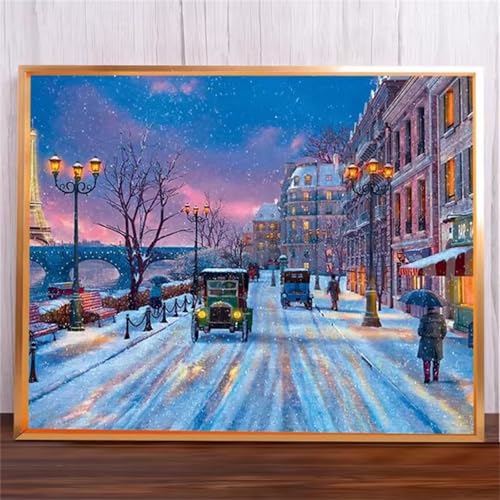 Verschneite Straße Malen Nach Zahlen Erwachsene,DIY Framed DIY Handgemalt Ölgemälde Leinwand Kits Mit Pinsels und Acrylfarbe Als Geschenke und Heimdekoration 60x75cm von ditlvy