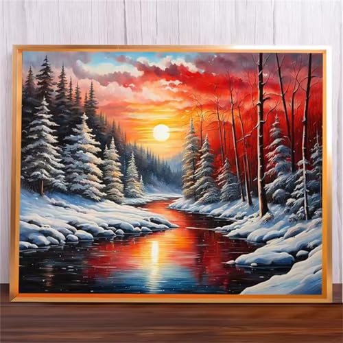 Verschneiter Fluss Malen Nach Zahlen Erwachsene,DIY Framed DIY Handgemalt Ölgemälde Leinwand Kits Mit Pinsels und Acrylfarbe Als Geschenke und Heimdekoration 45x60cm von ditlvy