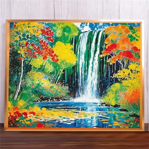 Wasserfalllandschaft Malen Nach Zahlen Erwachsene,DIY Framed DIY Handgemalt Ölgemälde Leinwand Kits Mit Pinsels und Acrylfarbe Als Geschenke und Heimdekoration 60x75cm von ditlvy