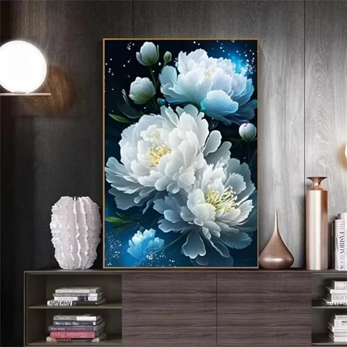 Weiße Blumen Malen Nach Zahlen Erwachsene,DIY Framed DIY Handgemalt Ölgemälde Leinwand Kits Mit Pinsels und Acrylfarbe Als Geschenke und Heimdekoration 50x65cm von ditlvy