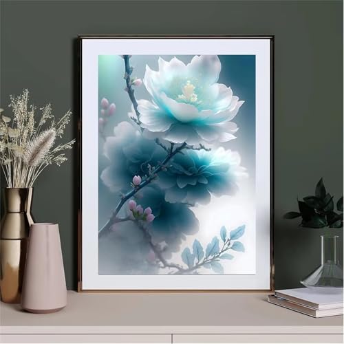 Weiße Blumen Malen Nach Zahlen Erwachsene,DIY Framed DIY Handgemalt Ölgemälde Leinwand Kits Mit Pinsels und Acrylfarbe Als Geschenke und Heimdekoration 55x70cm von ditlvy