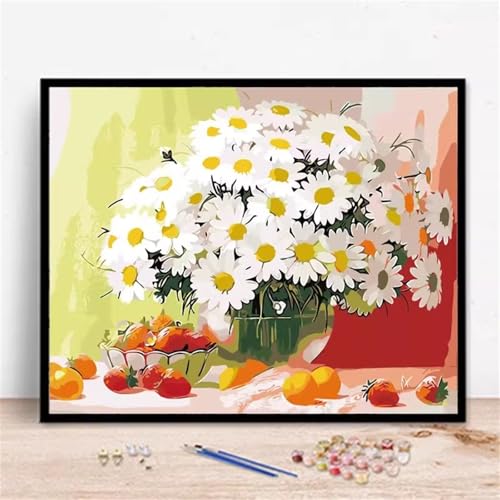 Weiße Blumenansicht Malen Nach Zahlen Erwachsene,DIY Framed DIY Handgemalt Ölgemälde Leinwand Kits Mit Pinsels und Acrylfarbe Als Geschenke und Heimdekoration 30x40cm von ditlvy