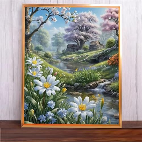 Weiße Blumenlandschaft Malen Nach Zahlen Erwachsene,DIY Framed DIY Handgemalt Ölgemälde Leinwand Kits Mit Pinsels und Acrylfarbe Als Geschenke und Heimdekoration 60x75cm von ditlvy