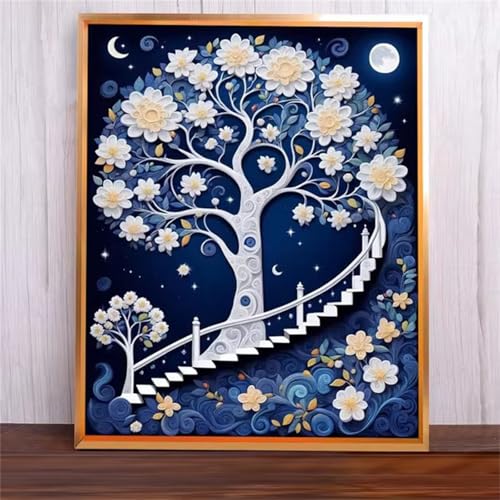 Weißer Blumenbaum Malen Nach Zahlen Erwachsene,DIY Framed DIY Handgemalt Ölgemälde Leinwand Kits Mit Pinsels und Acrylfarbe Als Geschenke und Heimdekoration 60x75cm von ditlvy