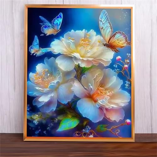 Weißer Blumenschmetterling Malen Nach Zahlen Erwachsene,DIY Framed DIY Handgemalt Ölgemälde Leinwand Kits Mit Pinsels und Acrylfarbe Als Geschenke und Heimdekoration 45x60cm von ditlvy