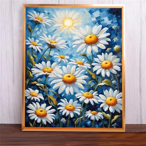 Weißes Gänseblümchen Malen Nach Zahlen Erwachsene,DIY Framed DIY Handgemalt Ölgemälde Leinwand Kits Mit Pinsels und Acrylfarbe Als Geschenke und Heimdekoration 50x65cm von ditlvy