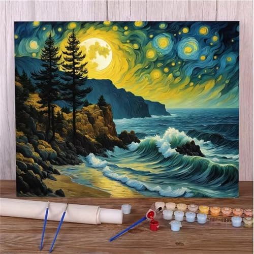 Wellenlandschaft Malen Nach Zahlen Erwachsene,DIY Framed DIY Handgemalt Ölgemälde Leinwand Kits Mit Pinsels und Acrylfarbe Als Geschenke und Heimdekoration 40x50cm von ditlvy