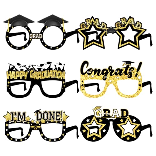 divuukyi 6 Stück stilvolle Abschluss-Brillen Schwarz Gold Themed Graduation Brille 2025 Photo Booth Requisiten Party Supplies von divuukyi