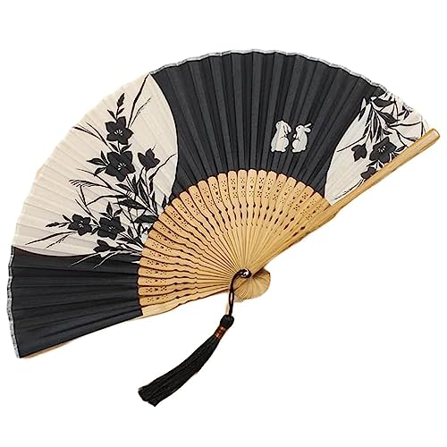 djgkENVQ Handfächer, Handfächer im klassischen Stil mit schwarzem Blumenmuster, tragbarer japanischer Faltfächer mit Quasten, chinesischer Fächer for Tanzen/Cosplay/Hochzeit, kühl im Sommer(A) von djgkENVQ