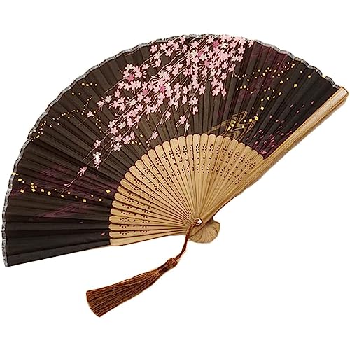 Handfächer, Handfächer im klassischen Stil mit schwarzem Blumenmuster, tragbarer japanischer Faltfächer mit Quasten, chinesischer Fächer for Tanzen/Cosplay/Hochzeit, kühl im Sommer(C) von djgkENVQ