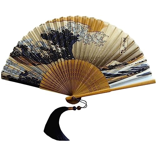 Handfächer, Handgefertigter dekorativer Handfächer im klassischen Stil, japanischer Fächer mit Kanagawa-Wellen, Faltfächer for Party-Tanz-Dekorations-Performances, kühl im Sommer von djgkENVQ