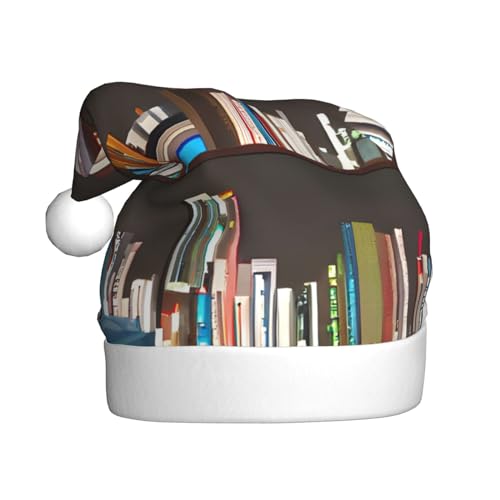 dkkuvt Weihnachtsmütze mit Bibliotheks-Bücherregal-Druck, 53 - 60 cm, Weihnachtszubehör, Partyzubehör, Urlaub, Nikolausmütze von dkkuvt