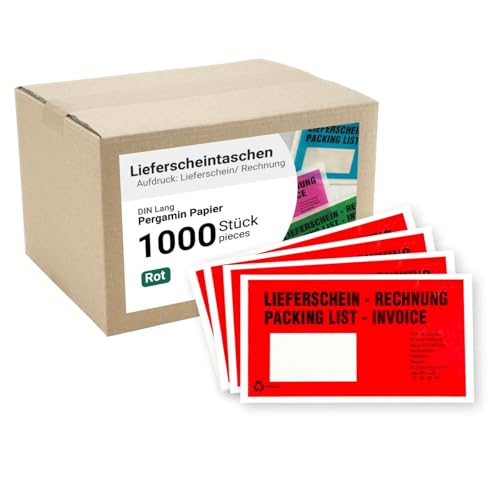 dm-folien Lieferscheintaschen DIN LANG I 1000 Stück I Selbstklebende Versandtaschen mit Aufdruck I Rote Versandunterlagen für Lieferscheine & Rechnungen I Versandzubehör aus Pergamin-Papier von dm-folien gmbh