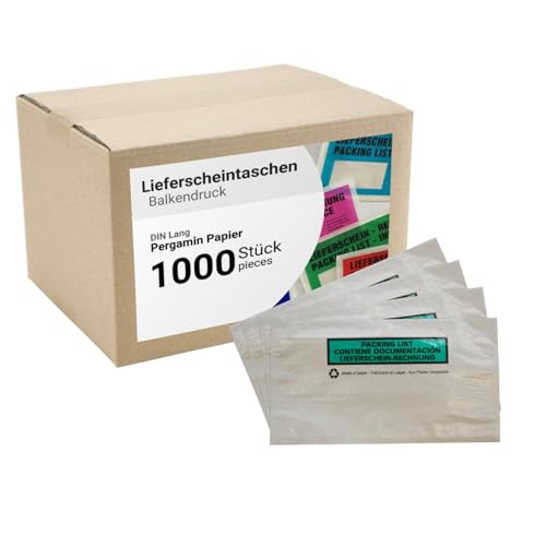 dm-folien Lieferscheintaschen DIN LANG I 1000 Stück I Selbstklebende Versandtaschen mit Balkendruck I Versandunterlagen für Lieferscheine & Rechnungen I Versandzubehör aus Pergamin-Papier in Grün von dm-folien gmbh