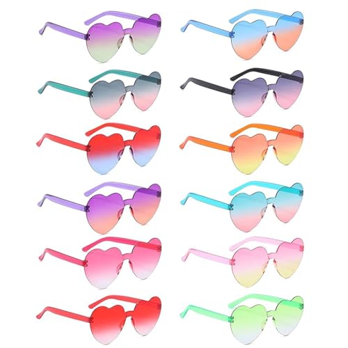 12 Stück Herz Sonnenbrille, Herz Party Brillen, Lustige Partybrillen, Randlose Hippie Herzförmige Brille, Retro Transparent Randlose Herzbrillen für Herren Damen Party Kostümzubehör(12 Farben) von dogmoon