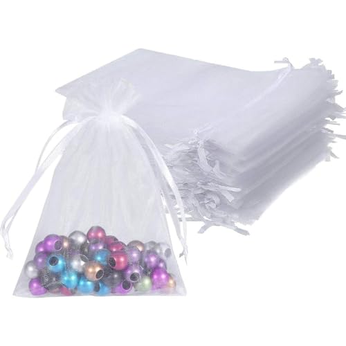 dogmoon Organza Beutel mit Kordelzug, 50 Stück 17 × 23 cm Geschenk Hochzeit Säckchen, Organza Geschenk Schmuckbeutel, Organza Schmuckbeutel, Hochzeit Bonbonsbeutel für Hochzeit Oder Fest Party(Weiß) von dogmoon