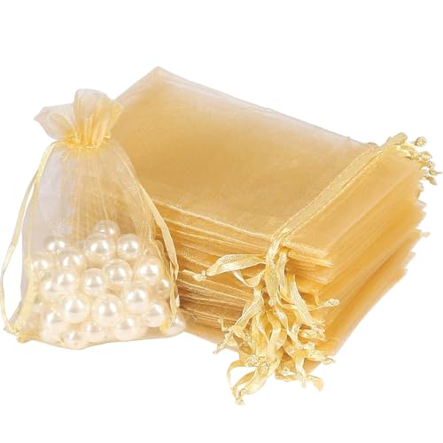 dogmoon Organza Beutel mit Kordelzug, 50 Stück 17 × 23 cm Geschenk Hochzeit Säckchen, Organza Geschenk Schmuckbeutel, Organza Schmuckbeutel, Hochzeit Bonbonsbeutel für Hochzeit Oder Fest Party(Gold) von dogmoon