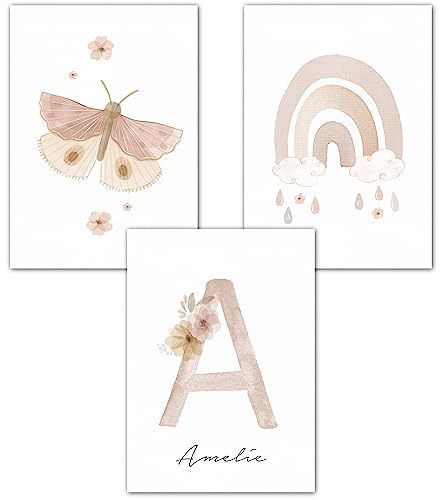 double critical Wandbilder Kinderzimmer Poster 3er Set Name personalisiert Bild Babyzimmer Boho Regenbogen Poster Mädchen Wanddeko A4 A3 Rosa Beige von double critical