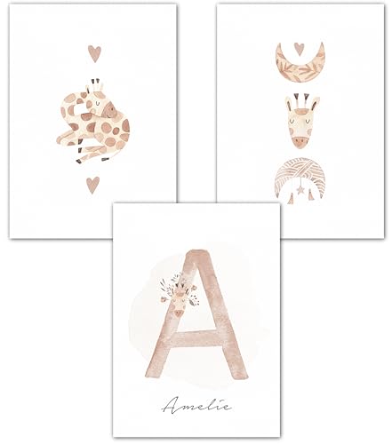 double critical Wandbilder Kinderzimmer Poster 3er Set Name personalisiert Bild Babyzimmer Boho Safari Giraffe Mädchen Poster Jungen Wanddeko A4 A3 von double critical