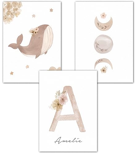 double critical Wandbilder Kinderzimmer Poster 3er Set Name personalisiert Bild Babyzimmer Boho Wal Mondphase Poster Mädchen Wanddeko A4 A3 Rosa Beige von double critical