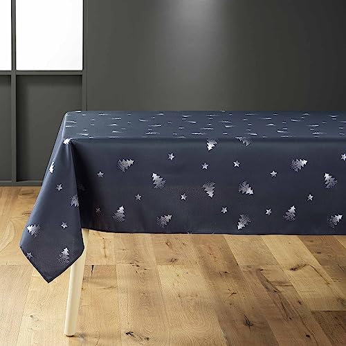 douceur d'intérieur Sapin Tischdecke, rechteckig (150 x 300 cm), Marineblau/Silber, metallisch bedrucktes Polyester von Douceur d'Intérieur