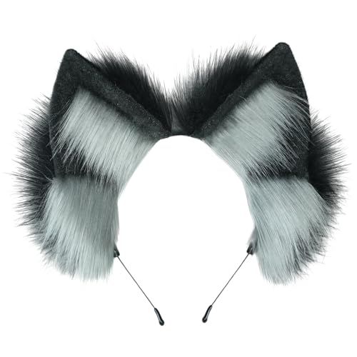 dressfan Wolfsohren Haarreif Plüsch Hund Wolf kostüm Verkleidung,Damen & Herren Party Wolf Stirnband Wolfskostüm Zubehör zu Karneval & Fasching & Halloween,Schwarz+Grau von dressfan