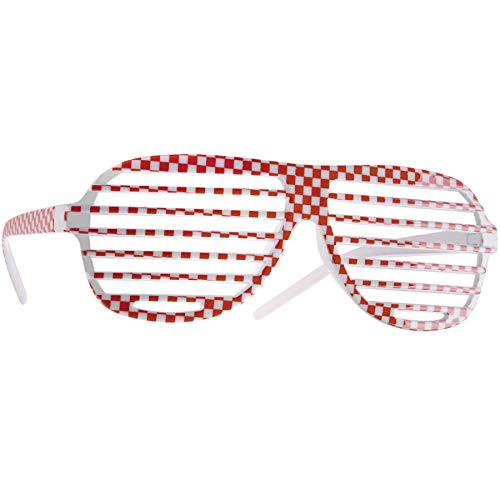 dressforfun retro Brille, Party Sonnenbrille, kariertes Gestell, für 90er Jahre Party, Oktoberfest, Ballermann Mottopartys, Fotobox Accessoires, Festival Gadget - Gitterbrille rot/weiß, 1 Stück von dressforfun