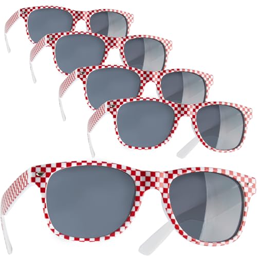 dressforfun retro Brille, Party Sonnenbrille, kariertes Gestell, für 90er Jahre Party, Oktoberfest, Ballermann Mottopartys, Fotobox Accessoires, Festival Gadget, JGA Zubehör - rot/weiß, 5er Set von dressforfun