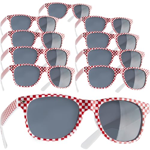 dressforfun retro Brille, Party Sonnenbrille, kariertes Gestell, für 90er Jahre Party, Oktoberfest, Ballermann Mottopartys, Fotobox Accessoires, Festival Gadget, JGA Zubehör - rot/weiß, 10er Set von dressforfun