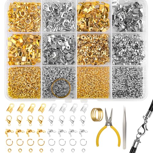 1270 Stück Kettenverschluss Set mit 3 Werkzeugen, Schmuckherstellung Set Karabinerverschluss, Offene Biegeringe, Crimpenden, Verbinder, Fixierperle, Gold Silber Verschlüsse für Halsketten Armband DIY von dsDAEDK