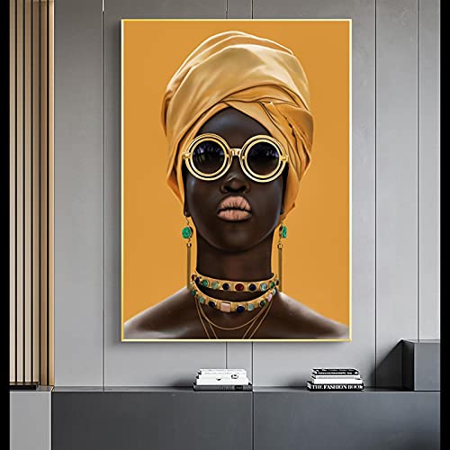 dsdsgog Schwarze Frau mit Sonnenbrille Malerei an der Wand Modernes Dekor Leinwand Wandkunst Bilder Cuadros Gelbe Afrikanische Frau Poster 70x100cm Rahmenlos von dsdsgog