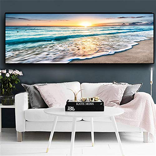 dsdsgog Natürliches Gold Strand Sonnenuntergang Landschaft Poster Druck Leinwand Malerei Mediterran Skandinavische Wandkunst Bild für Wohnzimmer 50x150cm Rahmenlos von dsdsgog