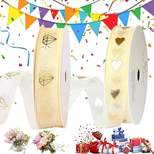 dcas 2 Rollen Geschenkband Gold 9 Meter, Gold Schleifenband Dekoband Liebe Hearts, Organzaband Hochzeit Deko, Glitzer Metallic Dekoband, Herz Bedruckt Satinband Gold (Diamant+Herz) von dcas