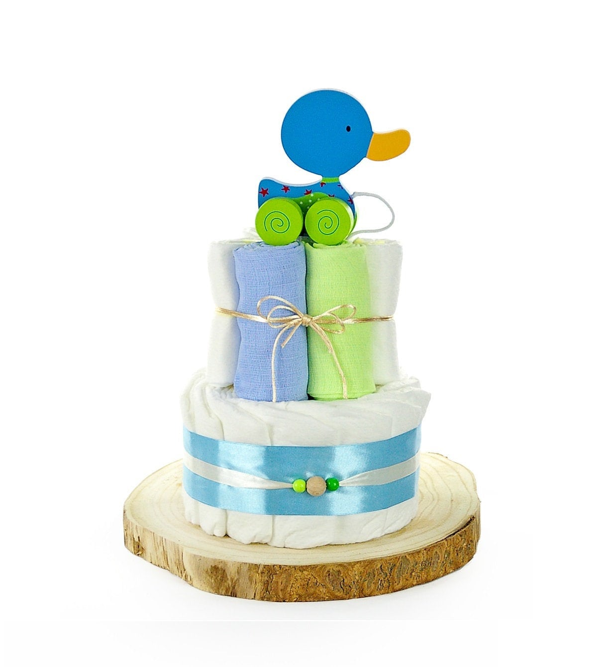 Windeltorte Ziehtier Ente Blau | 2-stöckig Geschenk Geburt Baby 21-Teilig von dubistda