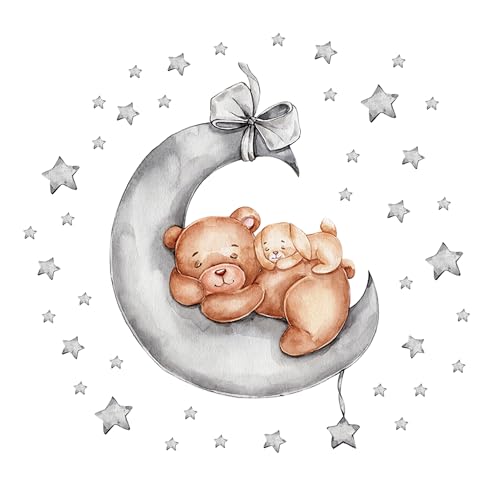 duoyif Wandsticker Teddybär auf dem Mond, Wandtattoo Bär Mond Stern Wandaufkleber, Wandsticker Kinderzimmer Jungen Mädchen, Wandtattoo für Babyzimmer Kinderzimmer Schlafzimmer Tür Wanddeko (A) von duoyif