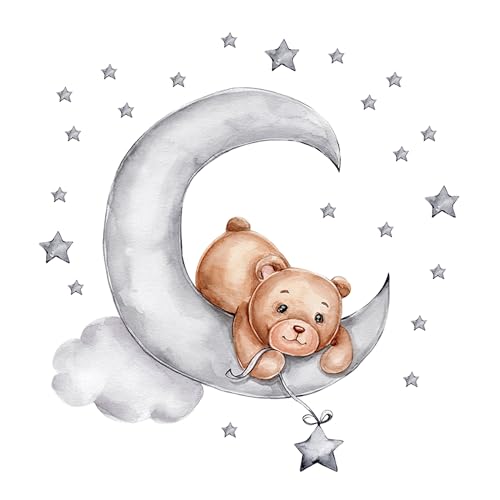 duoyif Wandsticker Teddybär auf dem Mond, Wandtattoo Bär Mond Stern Wandaufkleber, Wandsticker Kinderzimmer Jungen Mädchen, Wandtattoo für Babyzimmer Kinderzimmer Schlafzimmer Tür Wanddeko (C) von duoyif