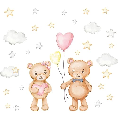 duoyif Wandtattoo Bären Wandsticker Bär Wandtattoo Teddybär Wandaufkleber Mit Herz Wolken Sternen Herz-Ballons Kinderzimmer Wandtattoo Kinder Wandsticker Für Kinderzimmer Babyzimmer Wanddeko von duoyif