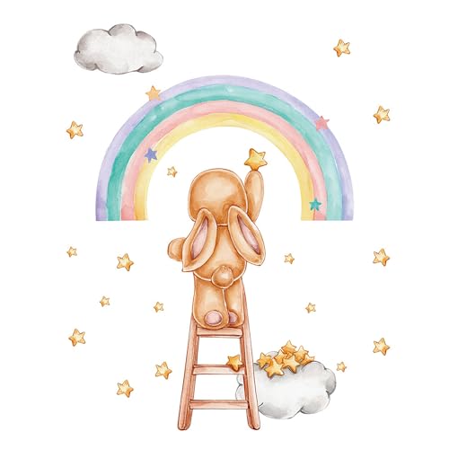 duoyif Wandtattoo Kinderzimmer, Boho Wandaufkleber, Deco Kinderzimmer Wandsticker Wanddeko Für Mädchen Jungen Kinderzimmer Babyzimmer Schlafzimmer Wohnzimmer (Braun Regenbogen Hase B) von duoyif