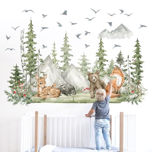 duoyif Wandtattoo Kinderzimmer XXL, Wandtattoo Baum Tiere Berg, Wandaufkleber Safari Tiere, Aquarell Große Wandsticker Für Babyzimmer Kinderzimmer Spielzimmer Wanddeko (Groß, 150 x 96 cm) von duoyif