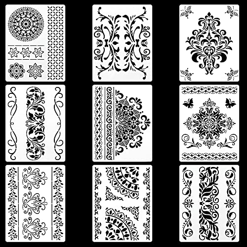 Blume Grenze Schablonen Mandala Vorlage - Wiederverwendbare Stencils Template für Zeichnung Malerei Wand Holz Boden Möbel Bodenfliesen Fliesen Stein Felsmalerei, 21x28cm, 9 Stück von duozoanz