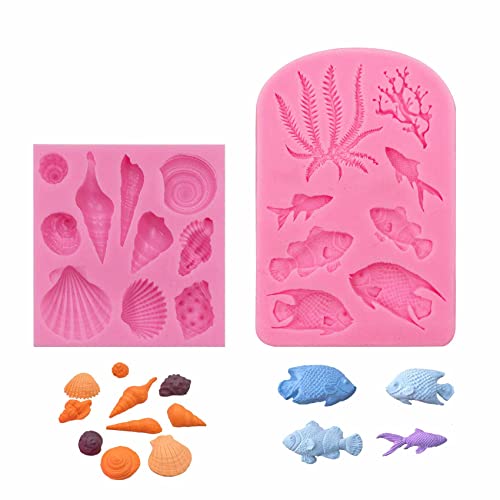 Meeresmotiven Fondant Silikon Formen Seifenform - 3D Ozean Tier Dekoration mit Muschel Koralle Fisch Geeignet für Kekse SüßIgkeiten Cupcake Schokolade Kuchen Seifen Epoxidharze, 2 Stück von duozoanz