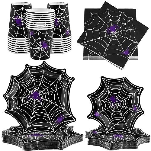 durony 100 Stück Halloween Spinnennetz Party Supplies Geschirr Set inklusive Halloween Spinnennetz Abendessen Pappteller Becher Servietten Dient für 25 Halloween Party Dekorationen von durony