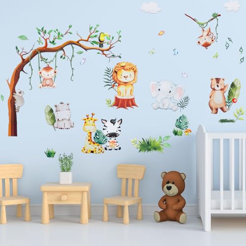 dusaniyali 8 Stück Wandtattoo Safari Tiere Set, Wandsticker Dschungel Tiere Party Wandaufkleber Giraffe Löwe Affe Zebra für Jungen Mädchen Babyzimmer Kinderzimmer Schlafzimmer Türen Wanddeko von dusaniyali