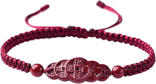 Armbänder, Glücksbringer, Feng Shui Reichtum Rotes Zinnoberarmband for Frauen Zinnober Fünf Kaiser Geld Zinnoberperlenarmband Geflochtenes Bettelarmband Verstellbarer Talisman for Wohlstand Geld Viel von dvegGEE