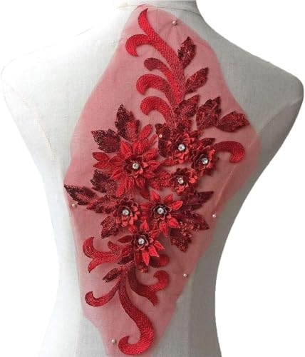 Kleid-Applikation, exquisite 3D Blumen-Applikation, Perlen, Pailletten-Blumenmotiv zum Nähen für Tanzkostüme, Abendkleider, blasse Applikation(Red) von dvegGEE