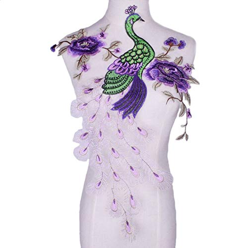 Kleider-Applikation, 1 Stück Stickerei, Pfauenblumen, Applikation, Aufnäher for Aufnähen auf Stoffkleid, 55 x 45 cm(Purple) von dvegGEE